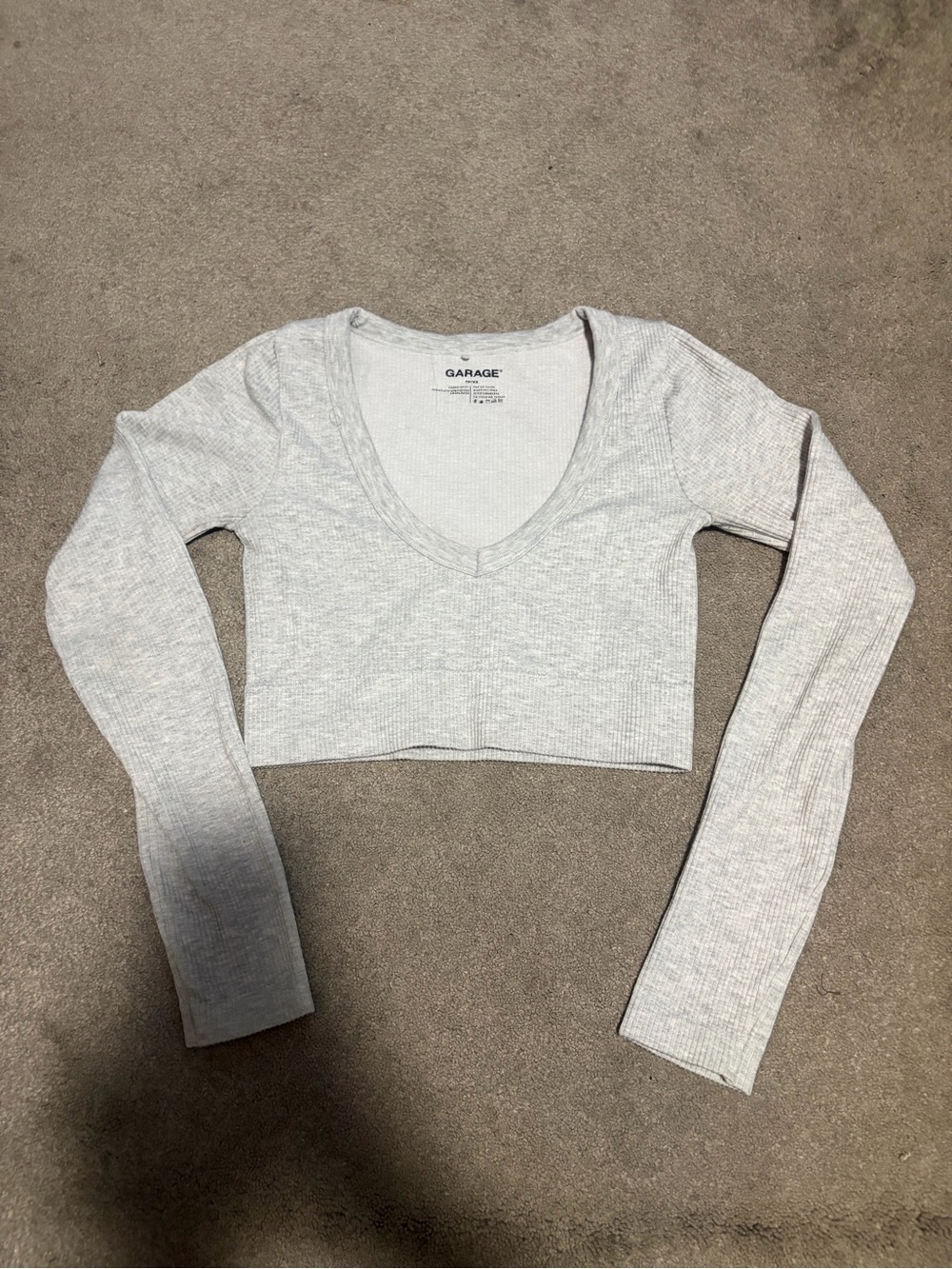 Garage Gray Ribbed V-Neck Cropped Long Sleeve Top